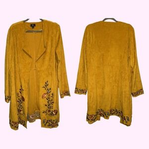 Curations Boho Long Western Duster Large Yellow Faux Suede Floral Embroidered